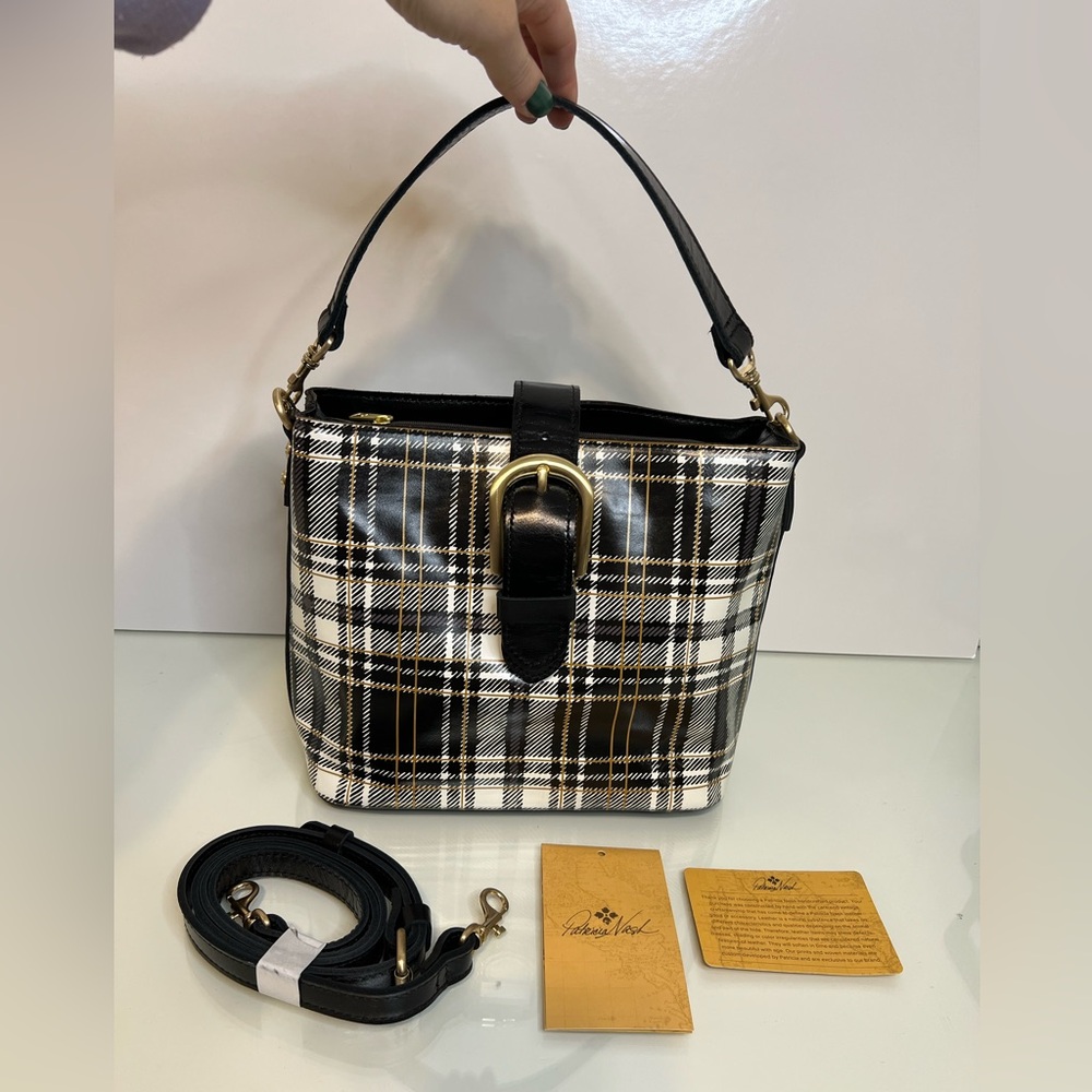 Patricia Nash Irving Leather Satchel with Crossbody Strap Black and White Plaid